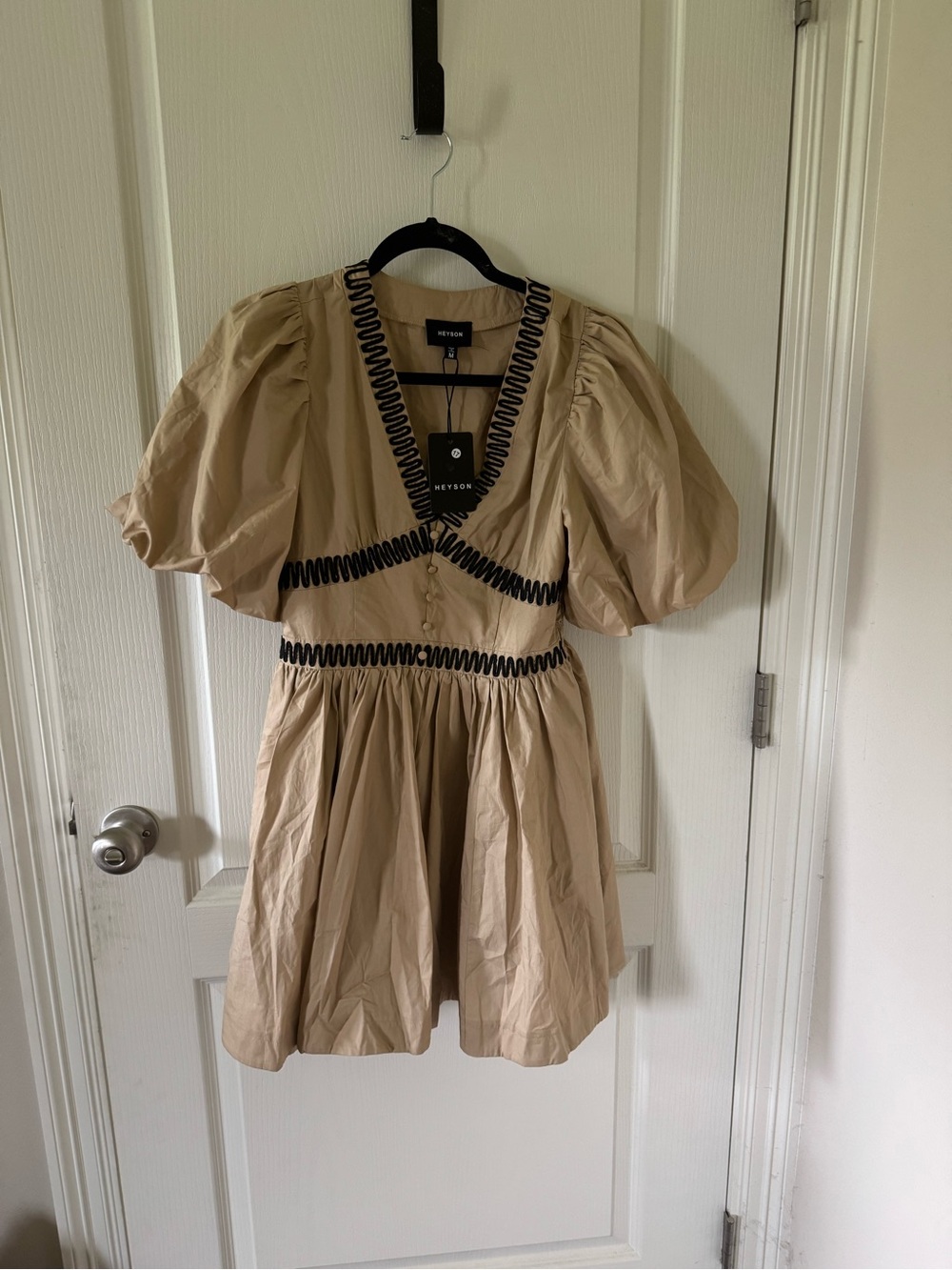 Greyson Beige Mini Dress with Contrasting Black Trim